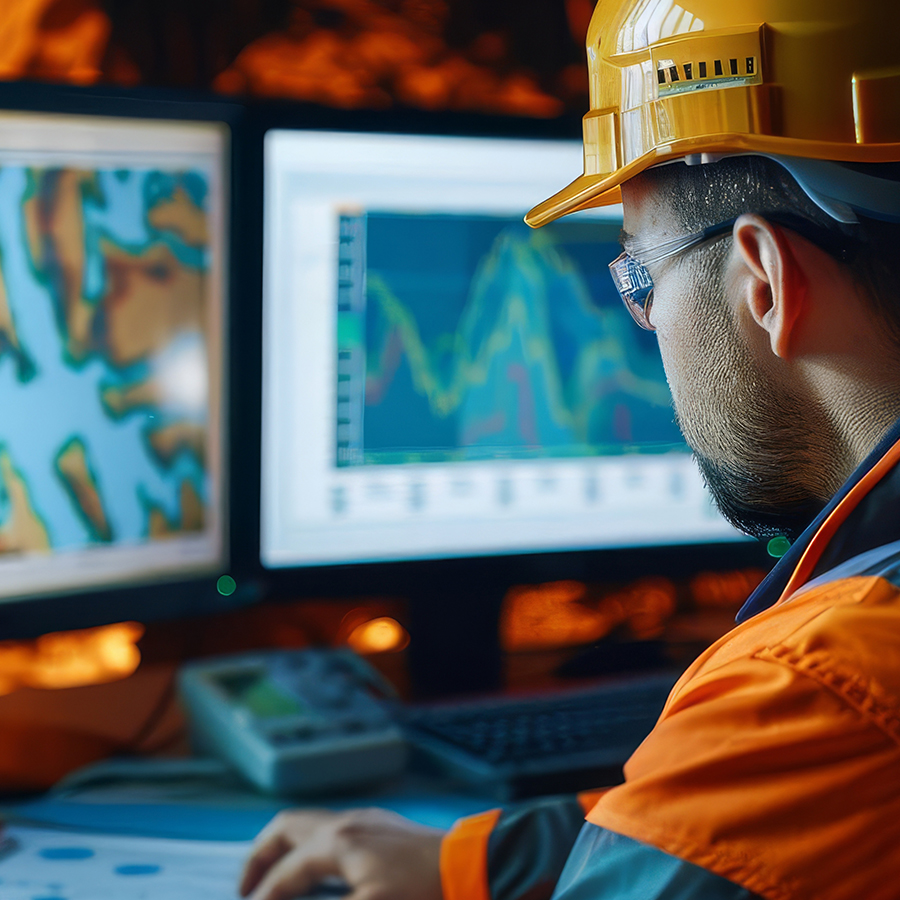 Geophysicist sitting at computer with earth models on screen