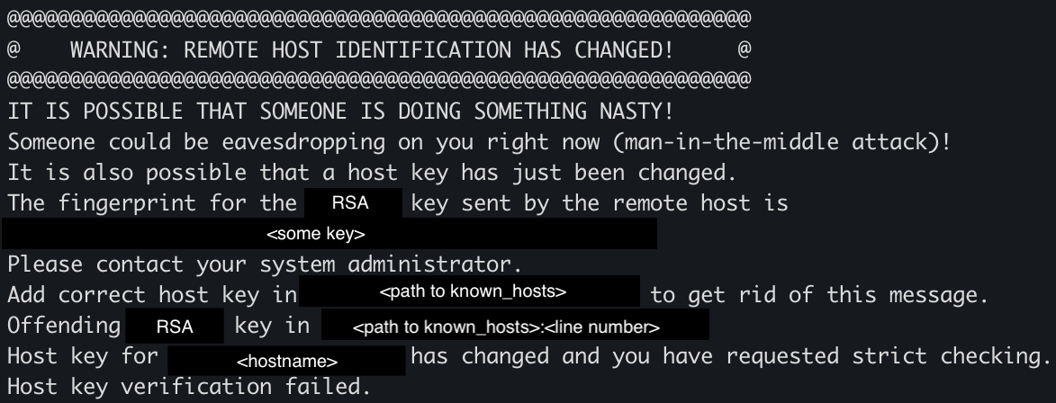 Screenshot of a terminal warning message indicating a remote host identification change. The message warns of a possible man-in-the-middle attack or a changed host key and advises contacting the system administrator and updating the known_hosts file.