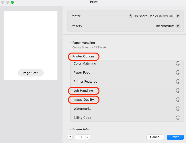 Screenshot of a computer print dialog box showing a document preview labeled "Page 1 of 1" on the left. On the right, printer settings include selected printer "CS Sharp Copier (MSCS 202)" and preset "Black&White." Expandable sections like "Printer Options," "Job Handling," and "Image Quality" are highlighted with red circles. Buttons for Help, PDF, Cancel, and Print appear at the bottom.