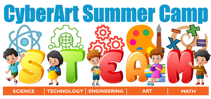 Colorful banner reading ‘CyberArt Summer Camp STEAM’ with cartoon kids and icons representing science, technology, engineering, art, and math.
