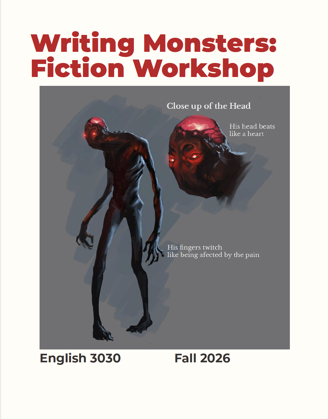 A concept drawing of a gaunt, dark-skinned monster with glowing red eyes and text descriptions of its head and hands for a 