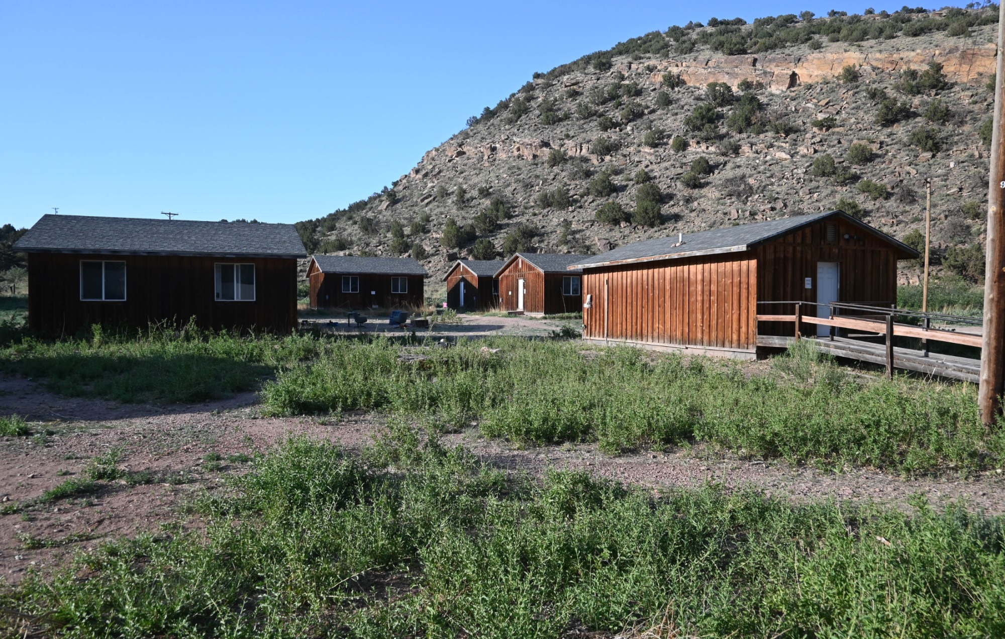 View of student cabins from central camp. View of student cabins from central camp.