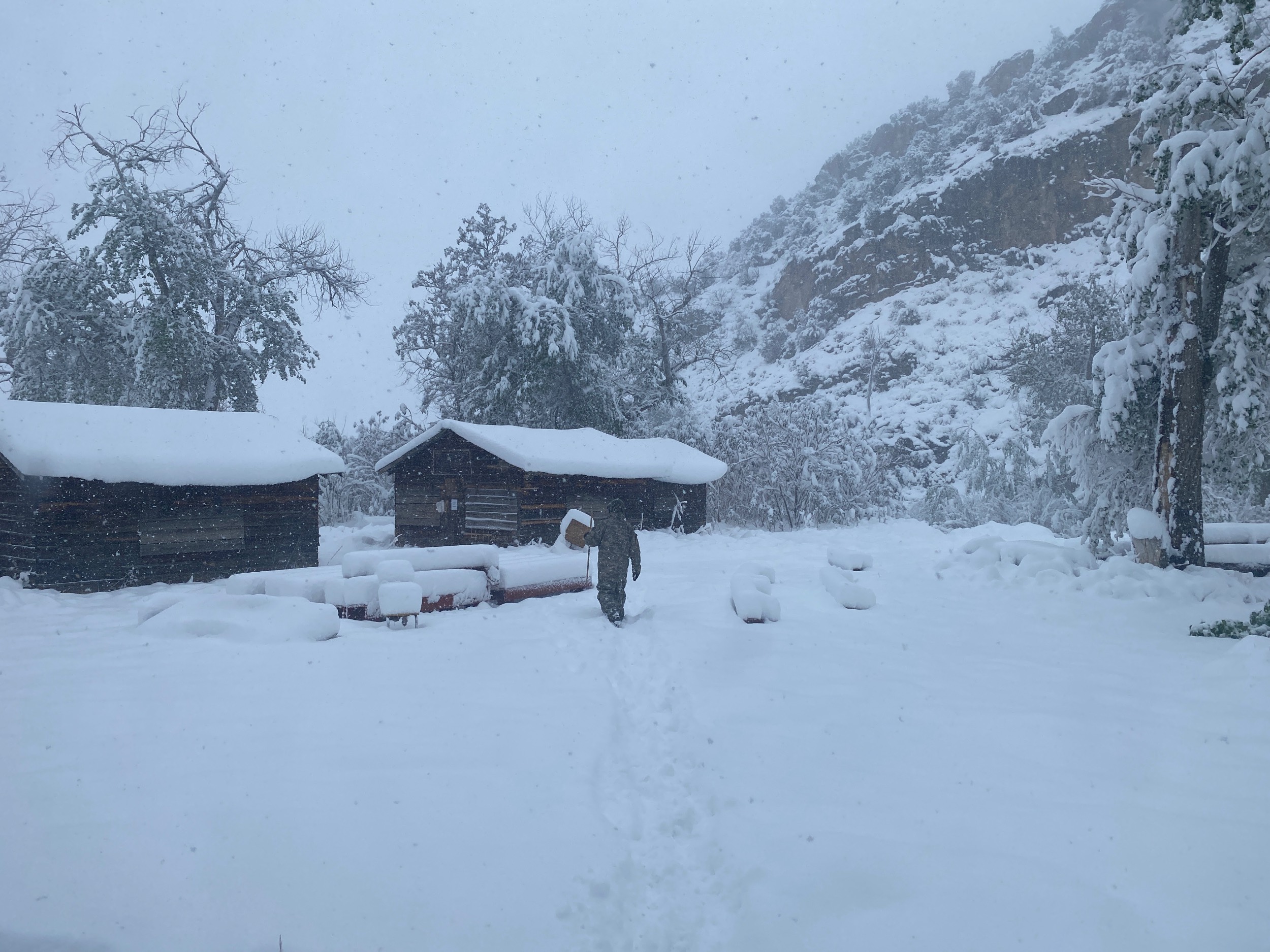 Deep snow covering the cabins at camp in summer time. Deep snow covering the cabins at camp in summer time.