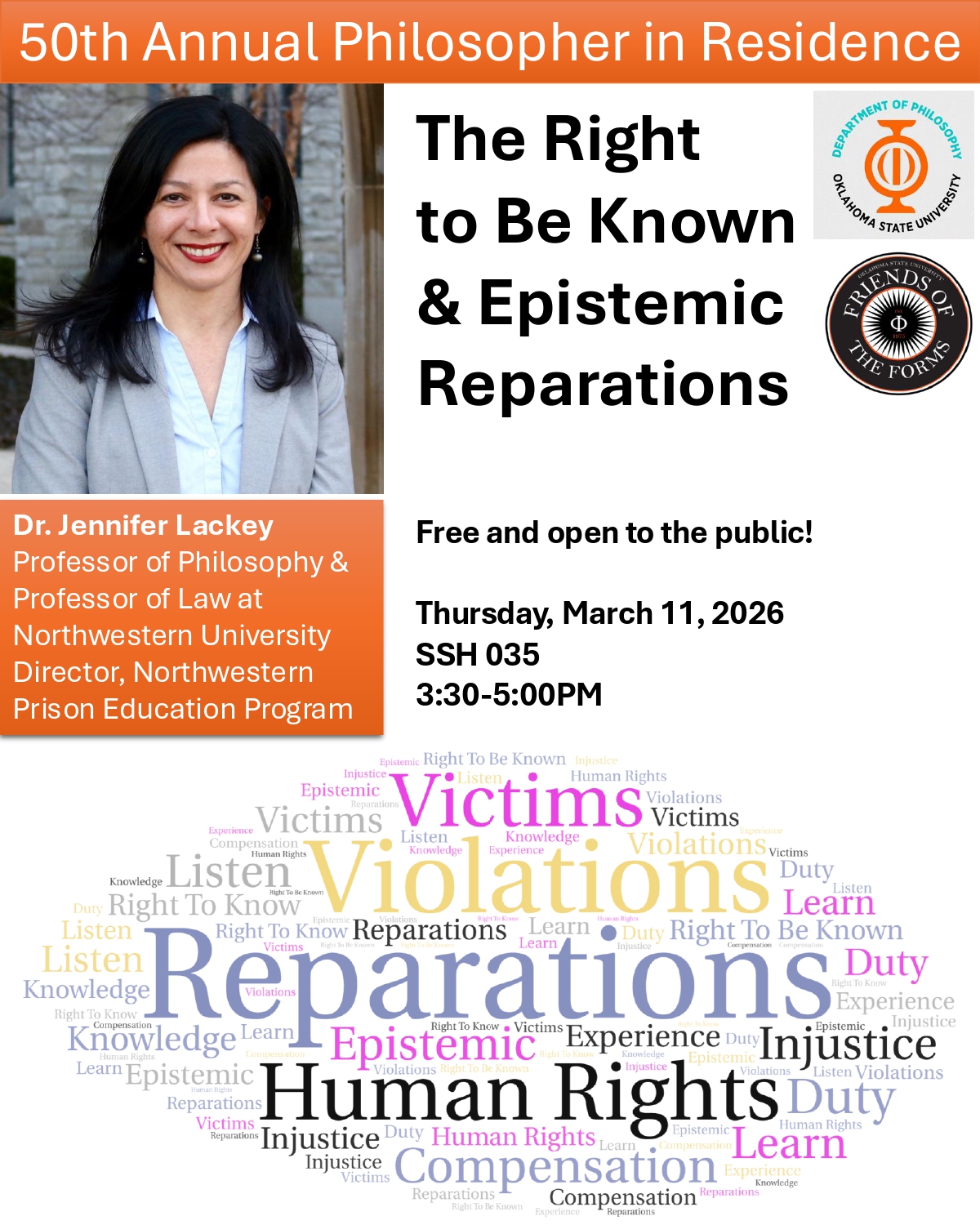 The Right to Be Known & Epistemic Reparation flyer depicting Dr.Jennifer Lackey in the top left corner.