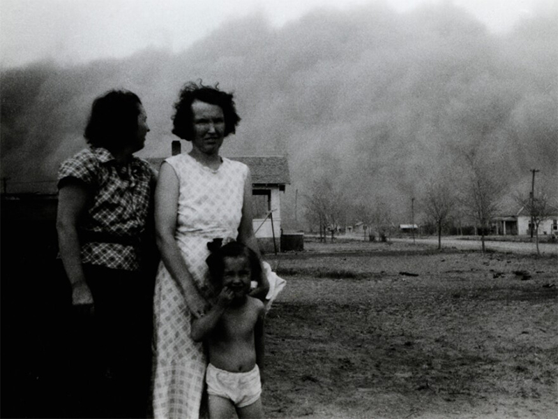 Conglomeration of photos from tv and ads 2 ladies and a child standing outside during dust bowl