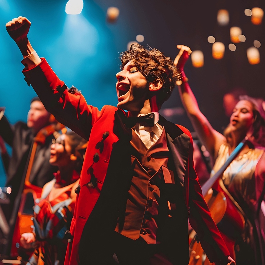 Students singing on stage during a performance