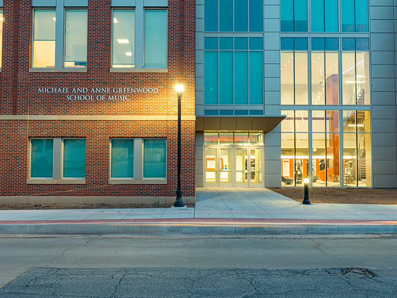 Greenwood School of Music sign on the outside of the building
