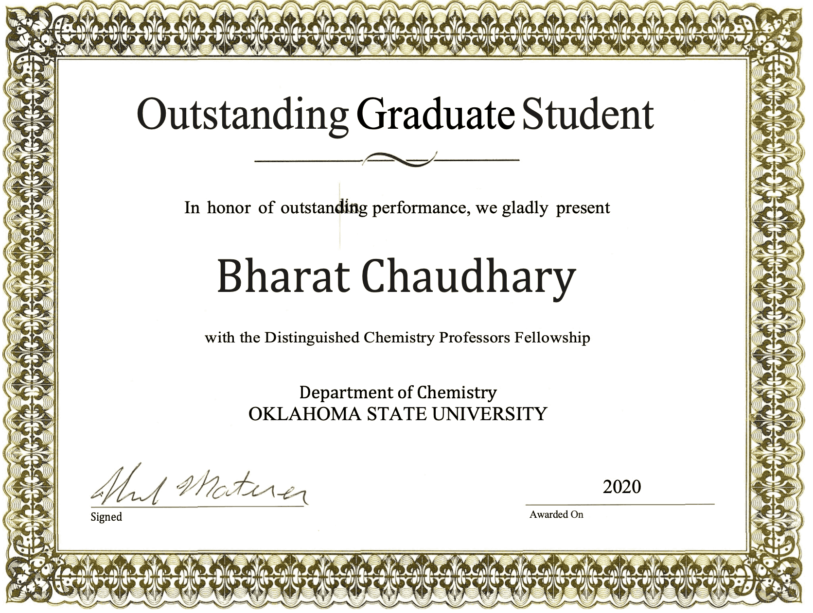 Bharat Chaudhary for being awarded with an Outstanding graduate student 2020 award