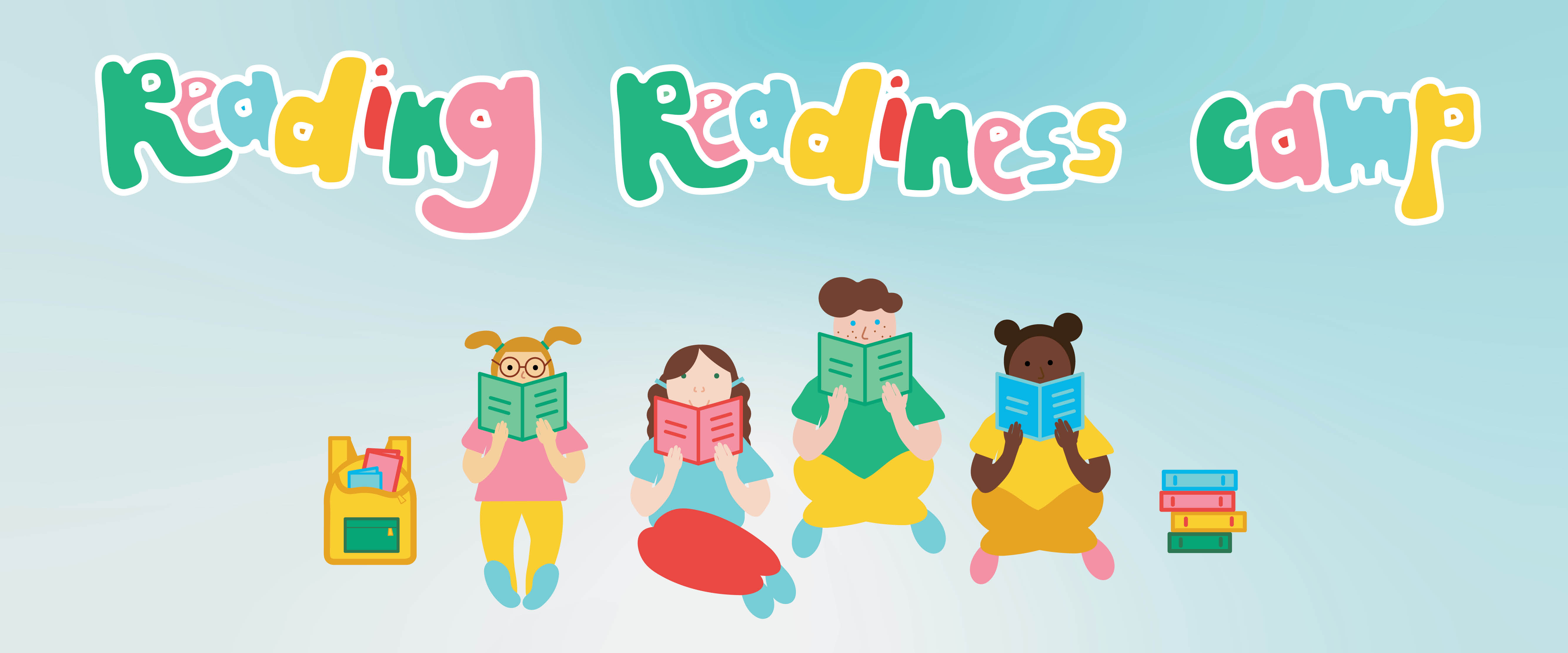 Four kids sitting together, reading colorful books in a bright and vibrant setting. 