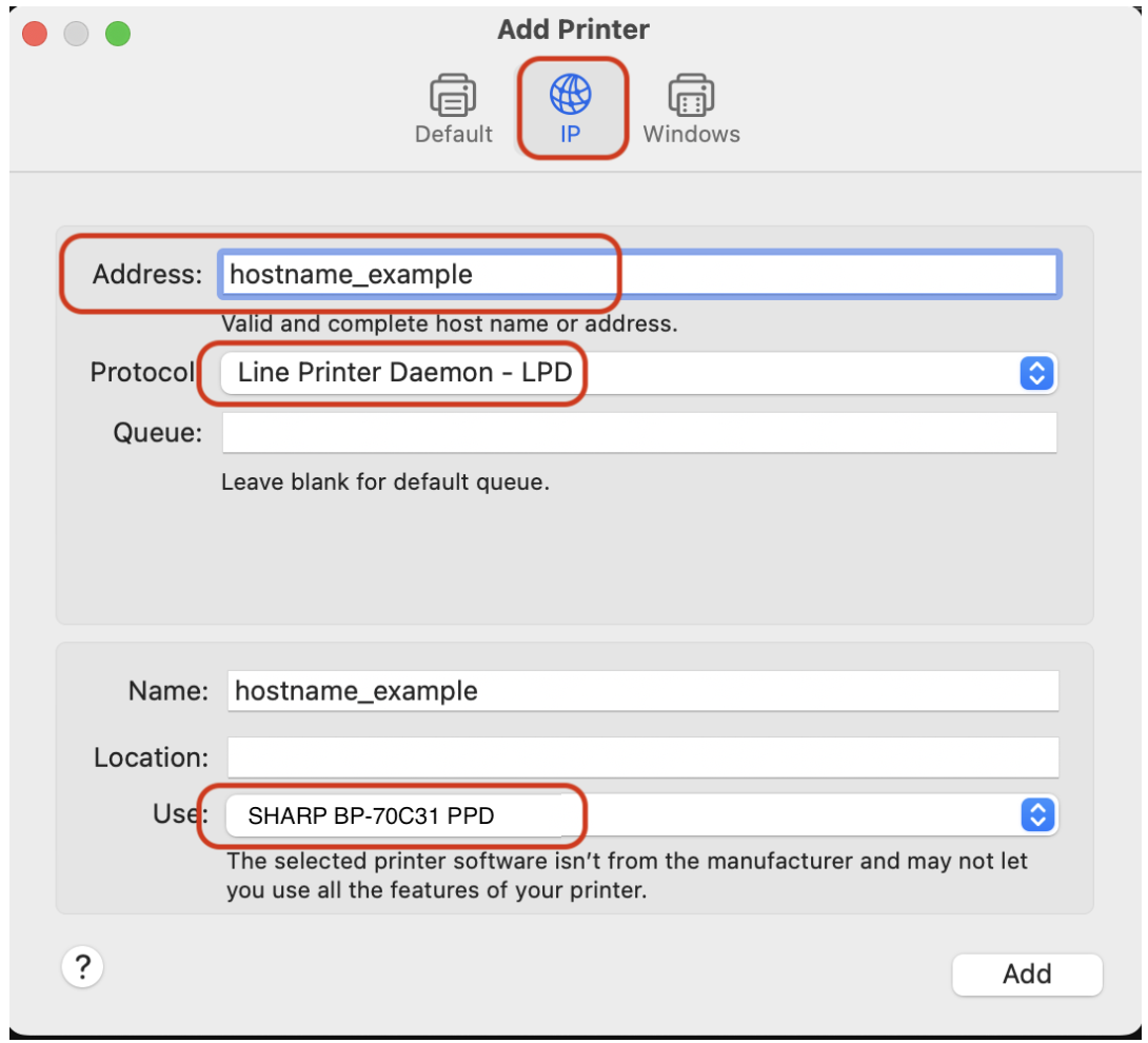 Screenshot of macOS Add Printer window with IP setup for SHARP BP-70C31 using LPD protocol.