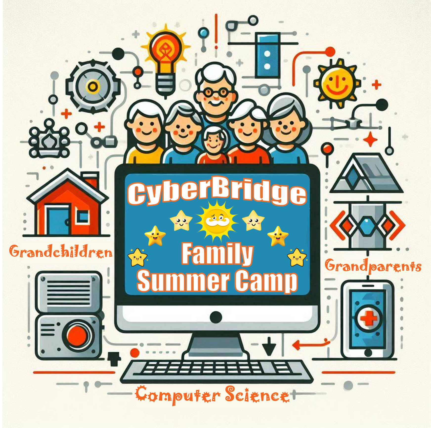Promotional poster for “CyberBridge Family Summer Camp” featuring a computer monitor with the camp name, surrounded by illustrations of grandparents, grandchildren, and icons of technology, science, and medicine