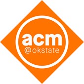 Logo featuring an orange diamond shape with a white circle inside. The circle contains the text “acm @okstate” in lowercase, with “acm” in bold and larger font above the smaller “@okstate.” Logo featuring an orange diamond shape with a white circle inside. The circle contains the text “acm @okstate” in lowercase, with “acm” in bold and larger font above the smaller “@okstate.”