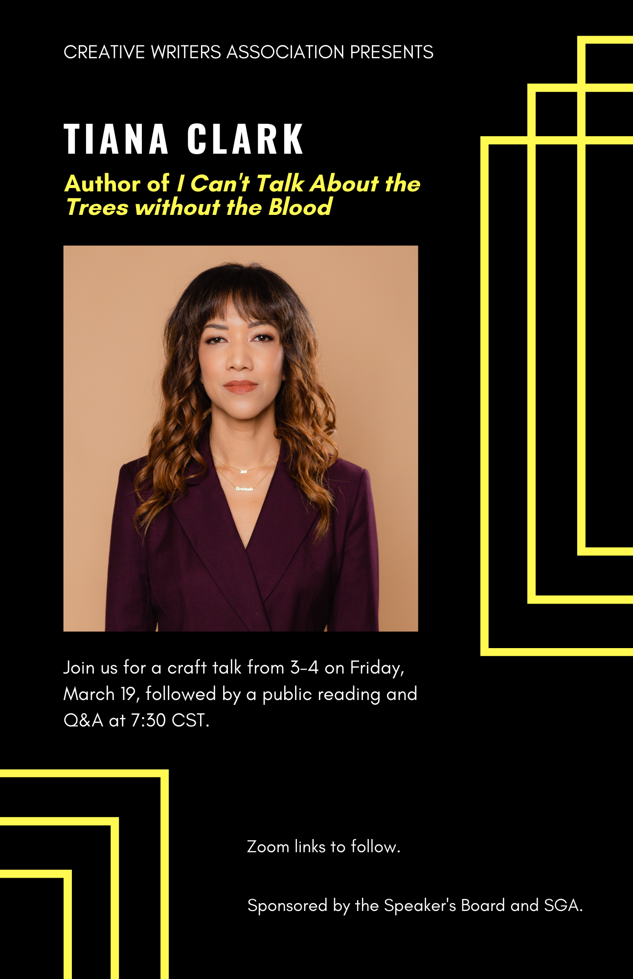 A flyer for a reading by Tiana Clark