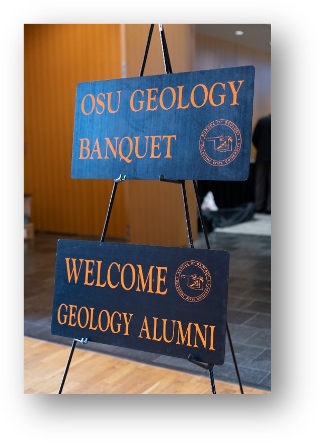 OSU Geology Banquet sign on easle Welcoming Geology Alumni. 
