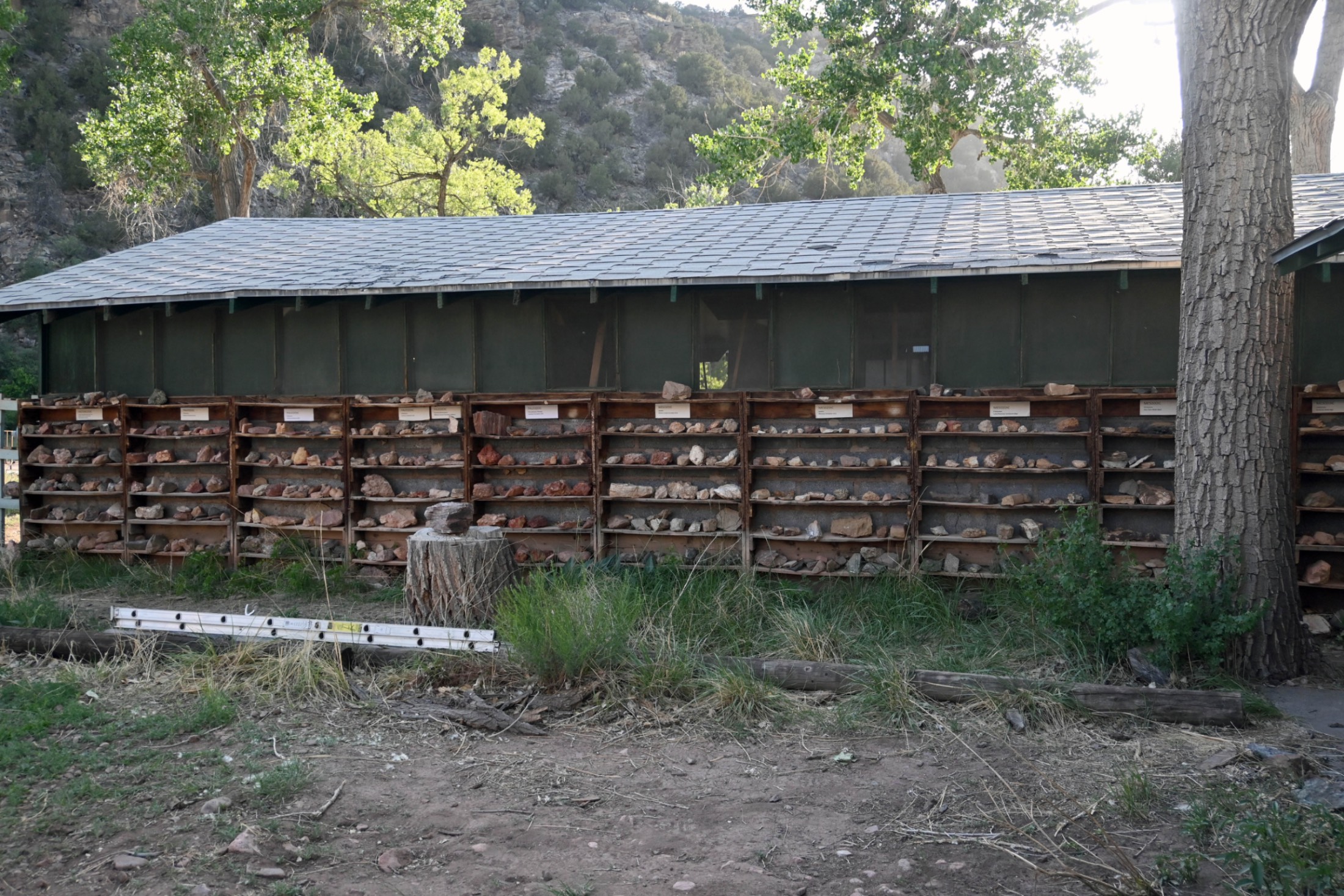 Shelves of a rock sample collection on side of building at camp. Shelves of a rock sample collection on side of building at camp.