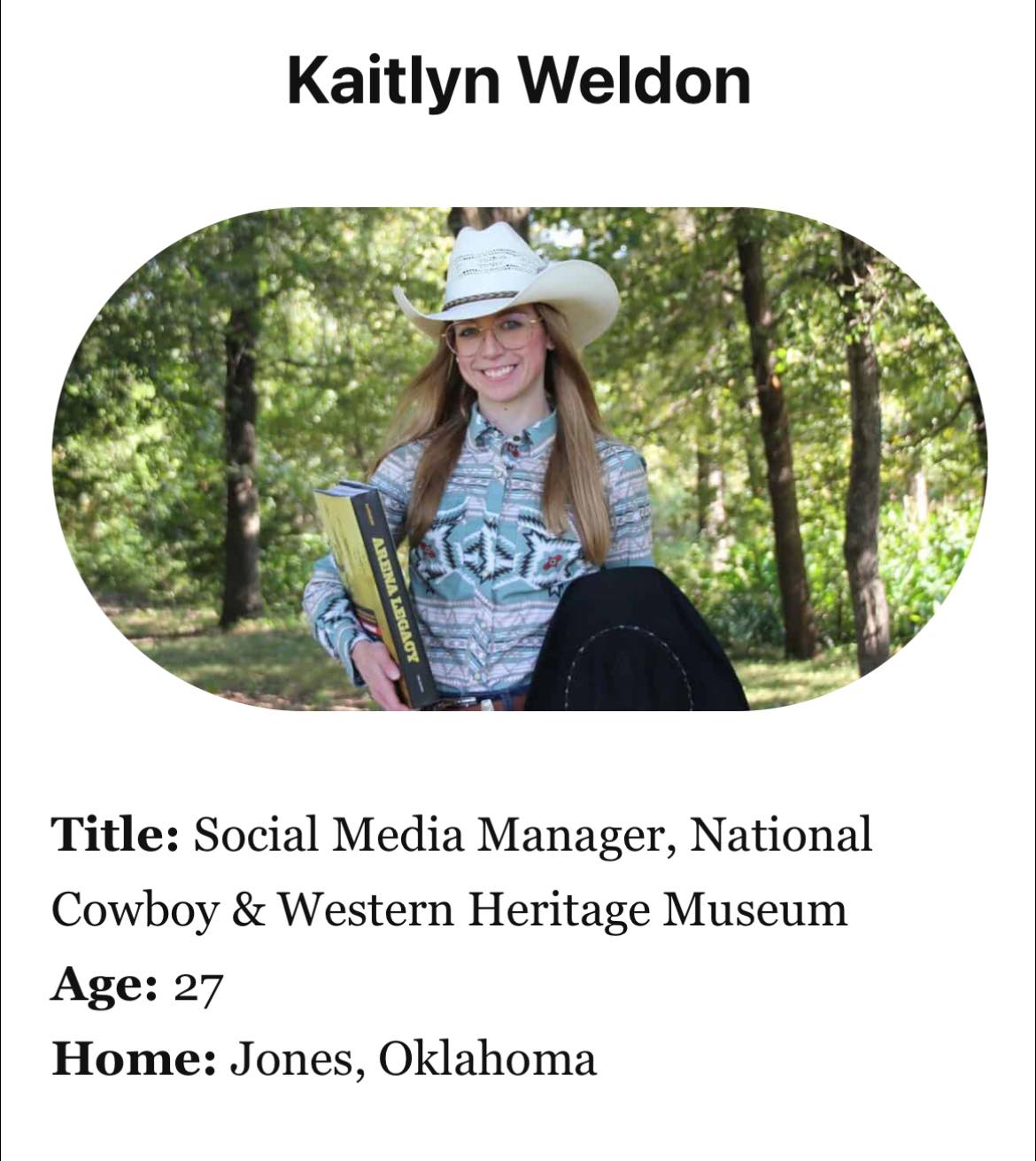 writing and oval image of blonde woman in a hat against a white background