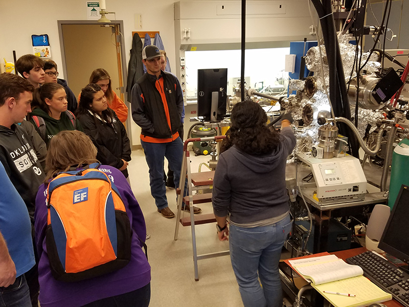 Group of physics students watching an instruction demonstrate equipment.