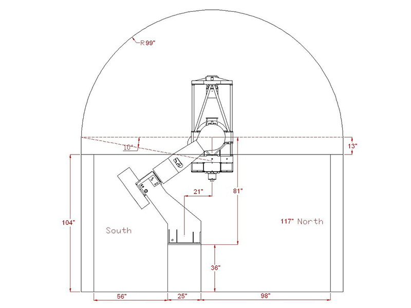 This diagram illustrates how the 24-inch telescope fits inside the observatory's dome.
