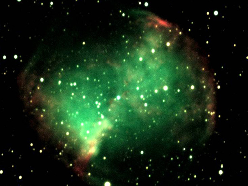 A composite image of the Planetary Nebula Messier 27 created from the red, green, blue, and luminance filtered images. A composite image of the Planetary Nebula Messier 27 created from the red, green, blue, and luminance filtered images.