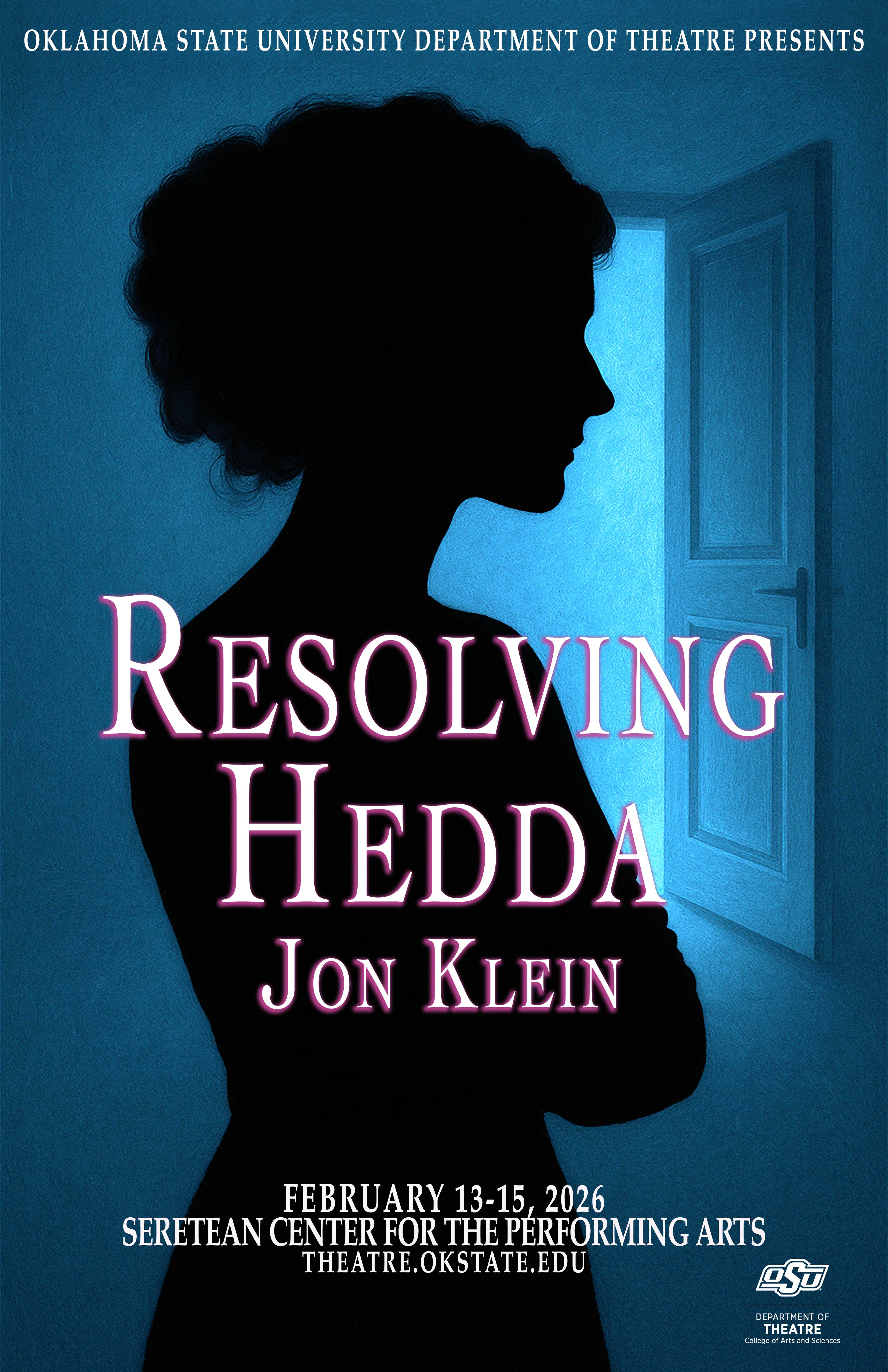 Resolving Hedda poster with a woman silhouette and an opened door in the background Resolving Hedda poster with a woman silhouette and an opened door in the background