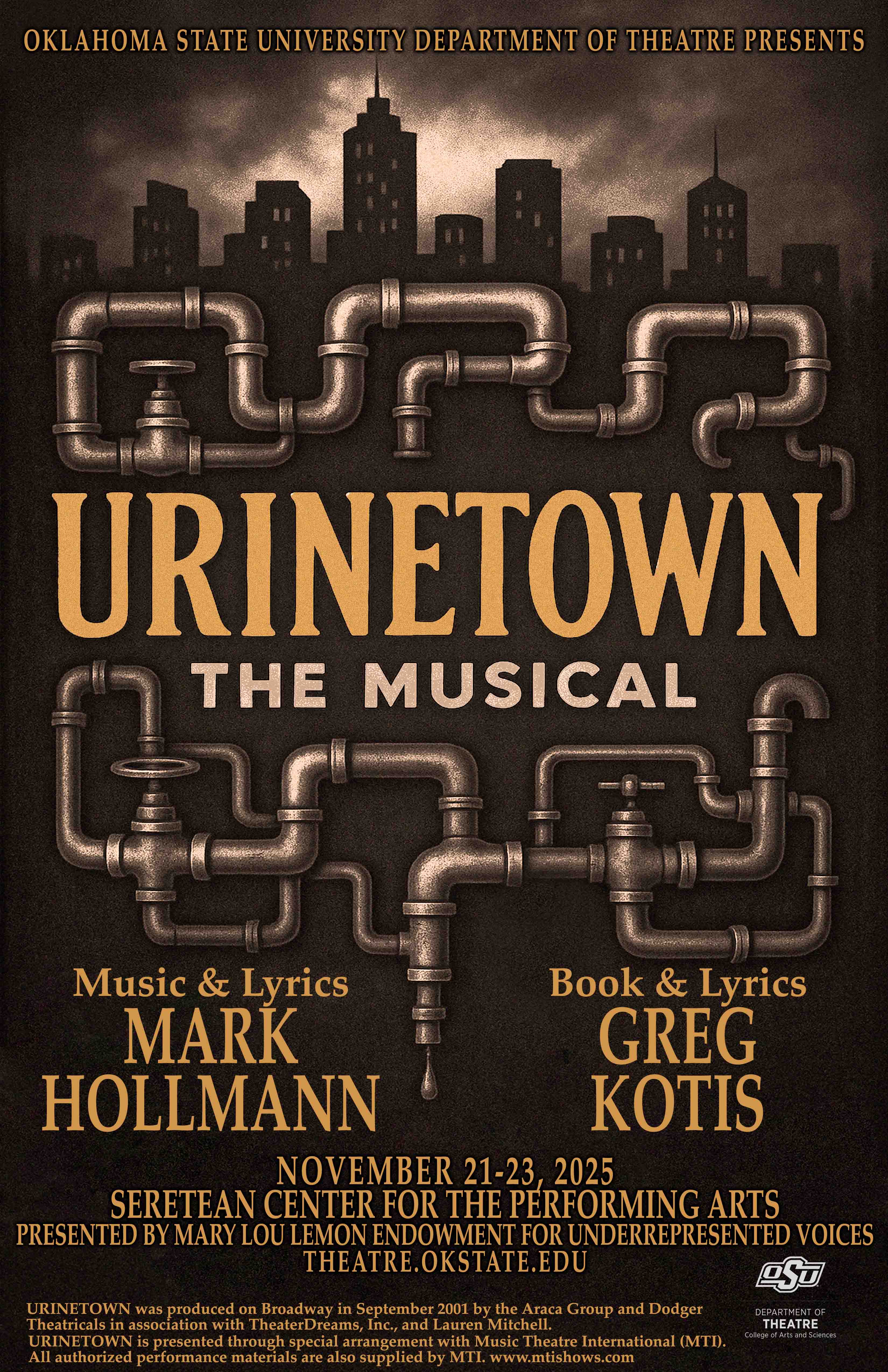 Urinetown the musical poster with plumbing pipes and a cityscape Urinetown the musical poster with plumbing pipes and a cityscape
